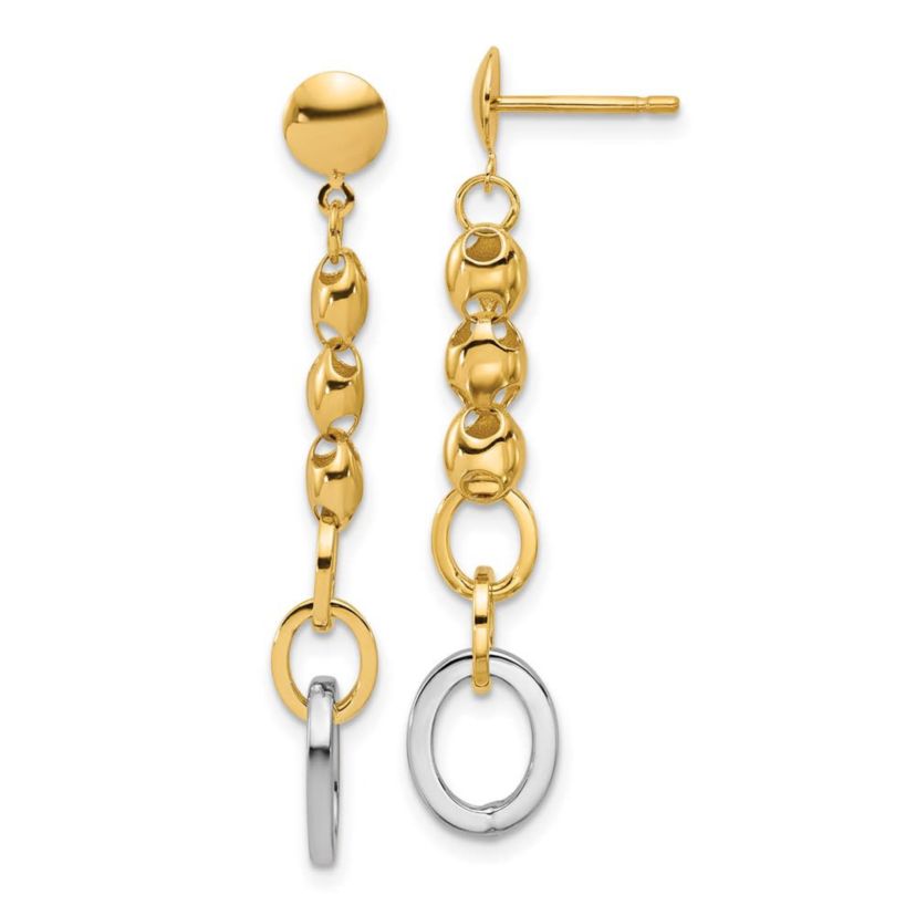 14K Yellow Gold with White Rhodium Polished Fancy Oval Link Post Dangle Earrings
