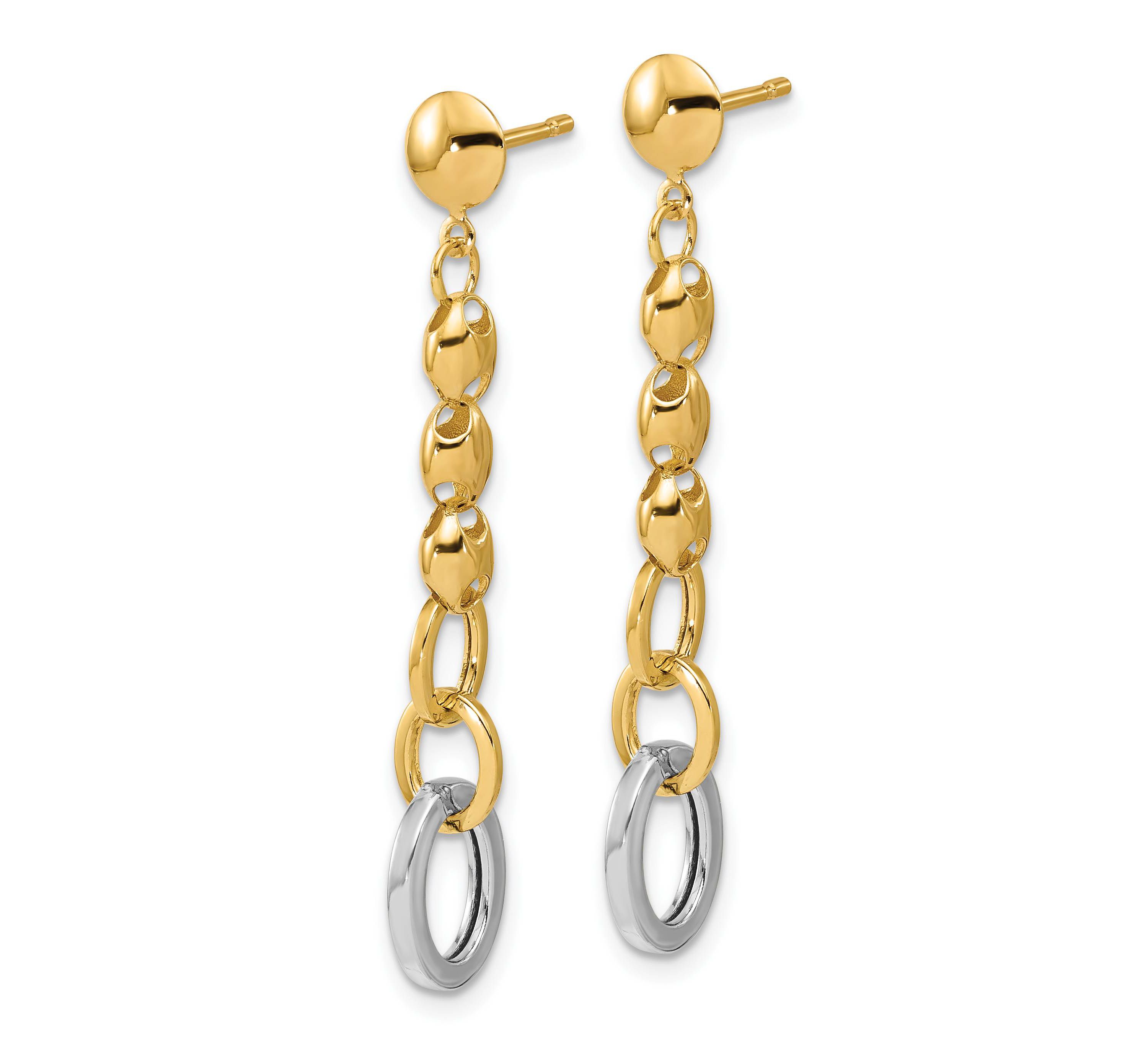 14K Yellow Gold with White Rhodium Polished Fancy Oval Link Post Dangle Earrings