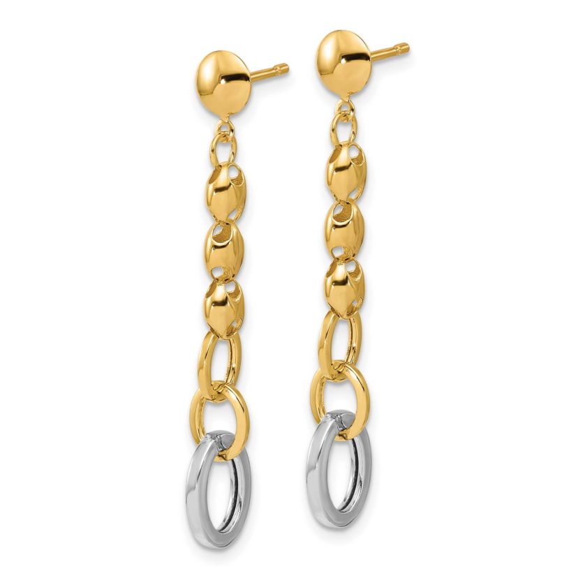14K Yellow Gold with White Rhodium Polished Fancy Oval Link Post Dangle Earrings