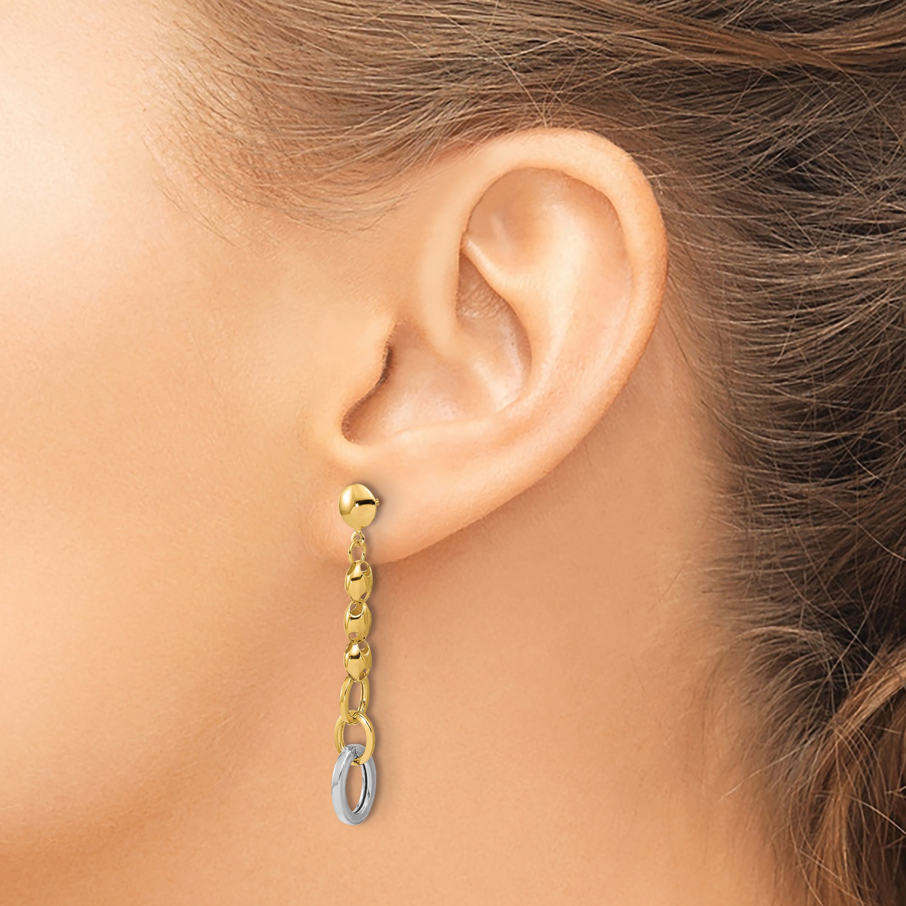 14K Yellow Gold with White Rhodium Polished Fancy Oval Link Post Dangle Earrings