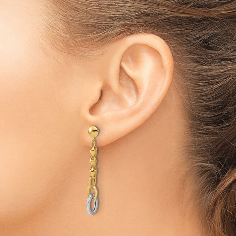 14K Yellow Gold with White Rhodium Polished Fancy Oval Link Post Dangle Earrings