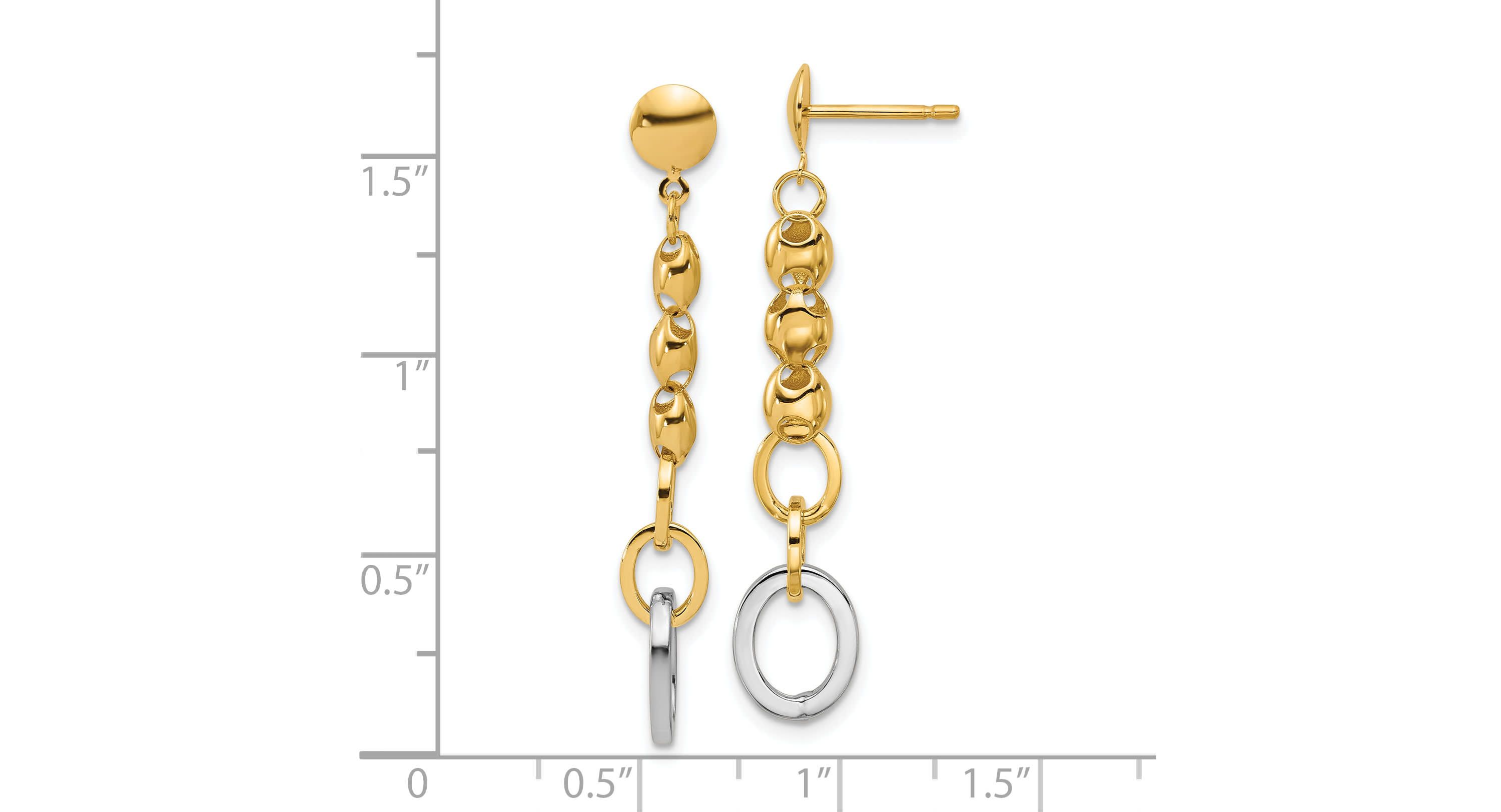 14K Yellow Gold with White Rhodium Polished Fancy Oval Link Post Dangle Earrings