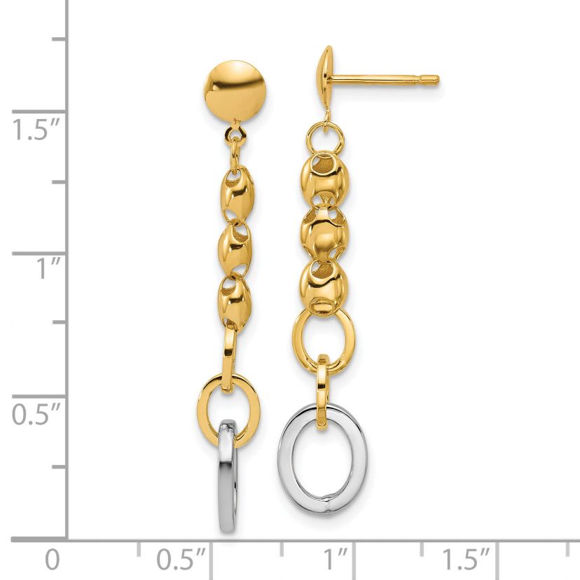 14K Yellow Gold with White Rhodium Polished Fancy Oval Link Post Dangle Earrings