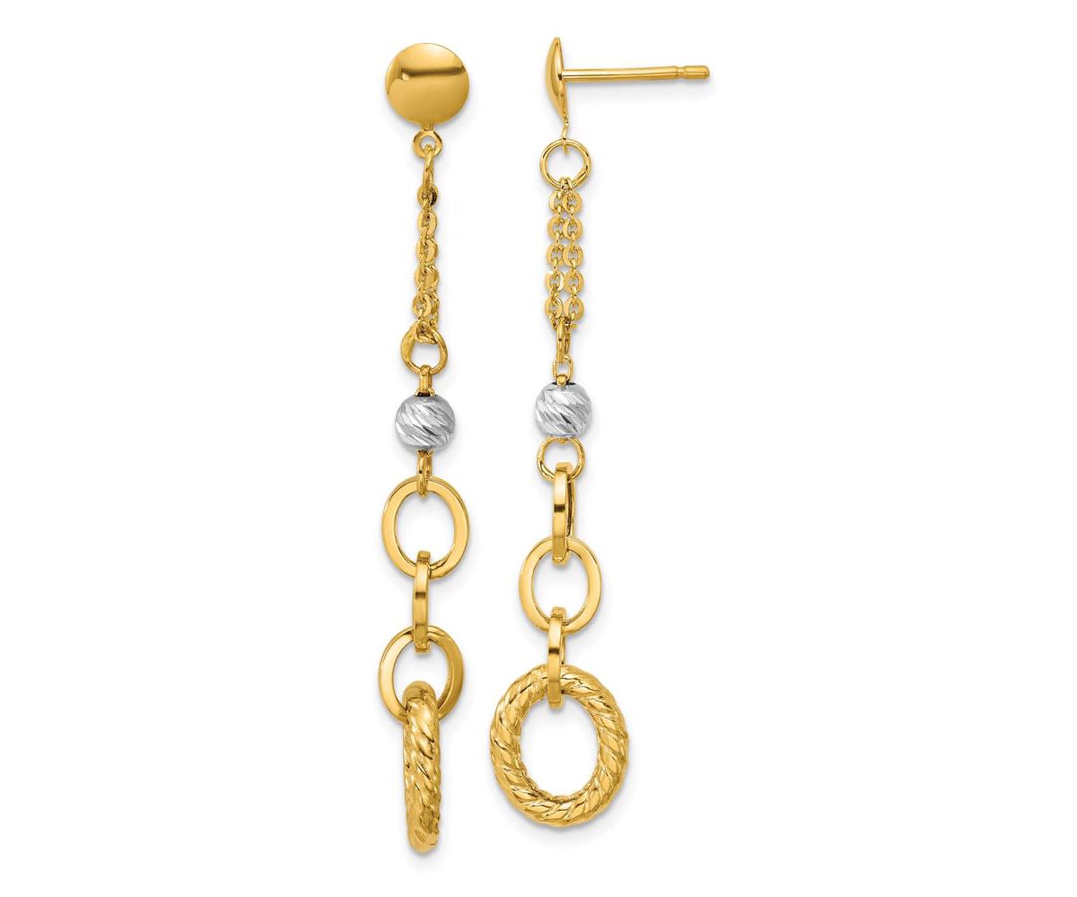 14K Yellow Gold with White Rhodium Polished and Diamond-cut Twisted Post Dangle Earrings