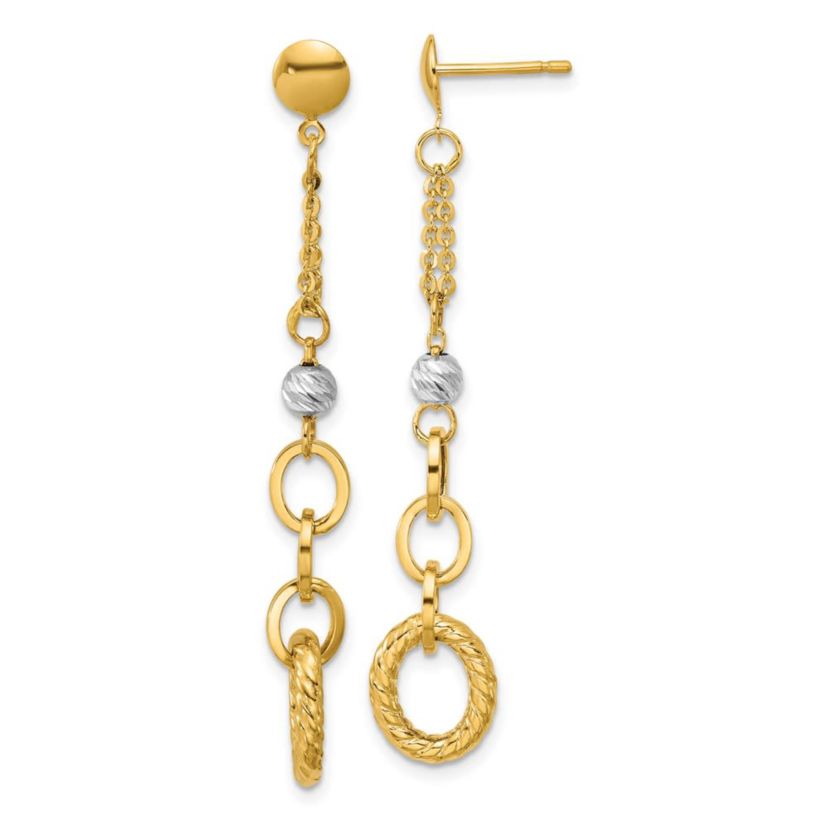 14K Yellow Gold with White Rhodium Polished and Diamond-cut Twisted Post Dangle Earrings