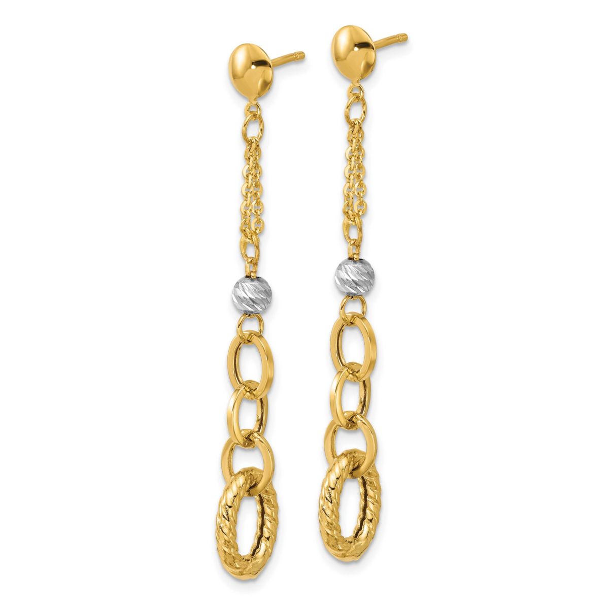 14K Yellow Gold with White Rhodium Polished and Diamond-cut Twisted Post Dangle Earrings