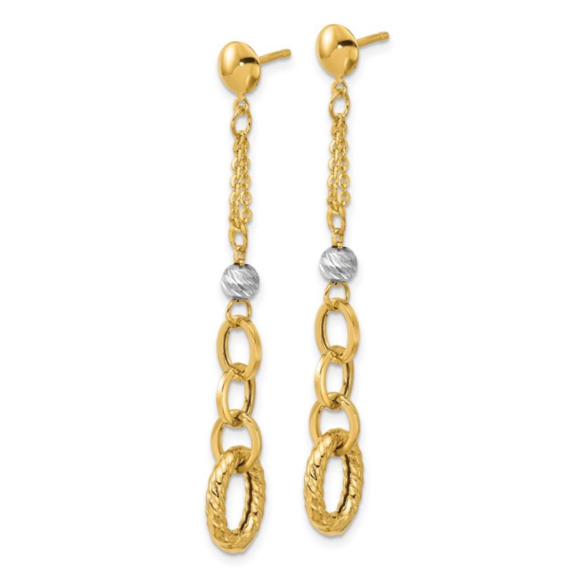 14K Yellow Gold with White Rhodium Polished and Diamond-cut Twisted Post Dangle Earrings
