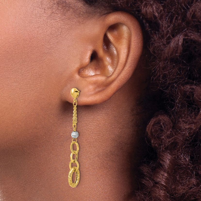 14K Yellow Gold with White Rhodium Polished and Diamond-cut Twisted Post Dangle Earrings