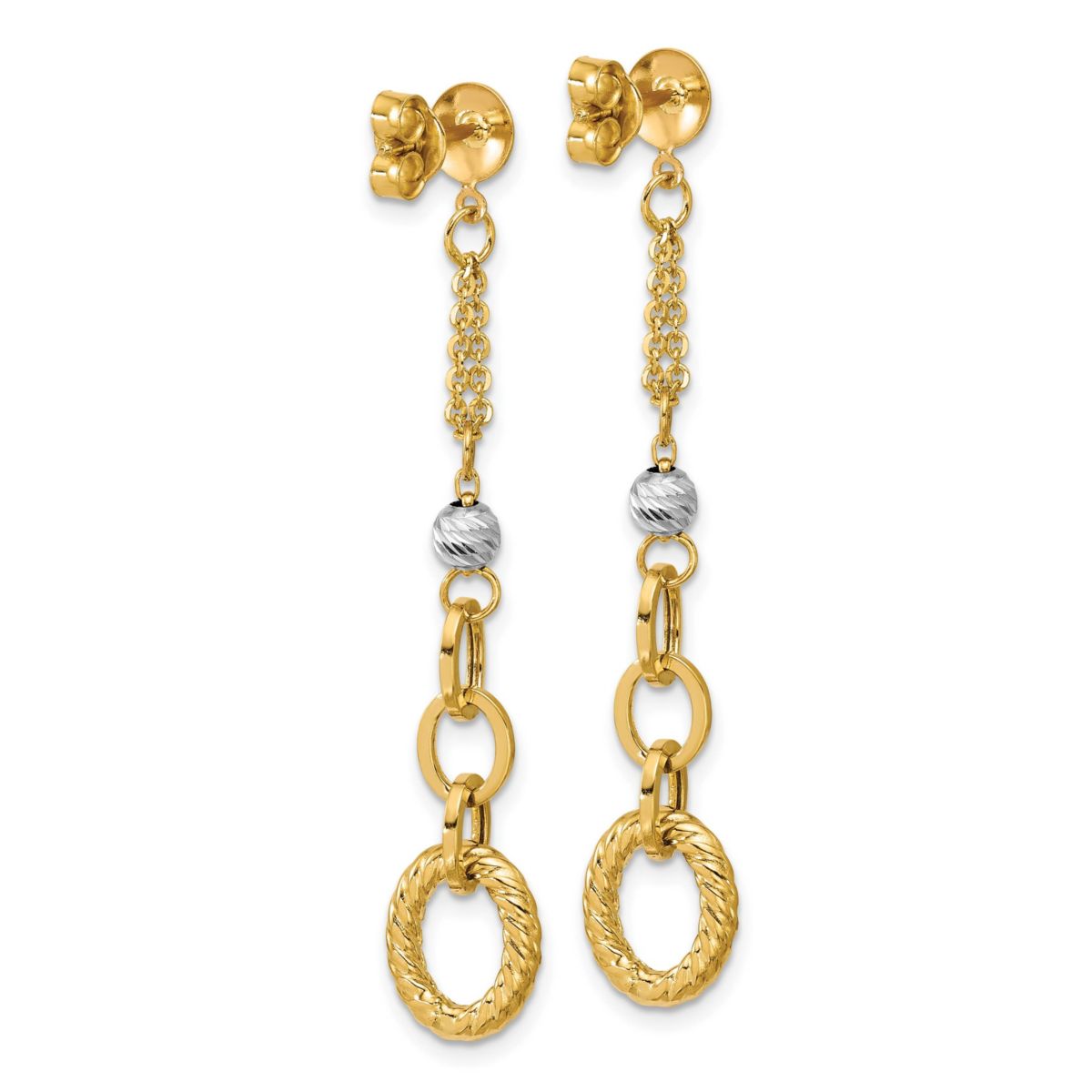 14K Yellow Gold with White Rhodium Polished and Diamond-cut Twisted Post Dangle Earrings