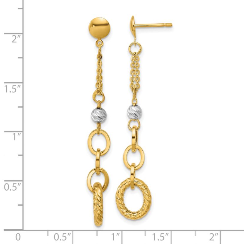 14K Yellow Gold with White Rhodium Polished and Diamond-cut Twisted Post Dangle Earrings