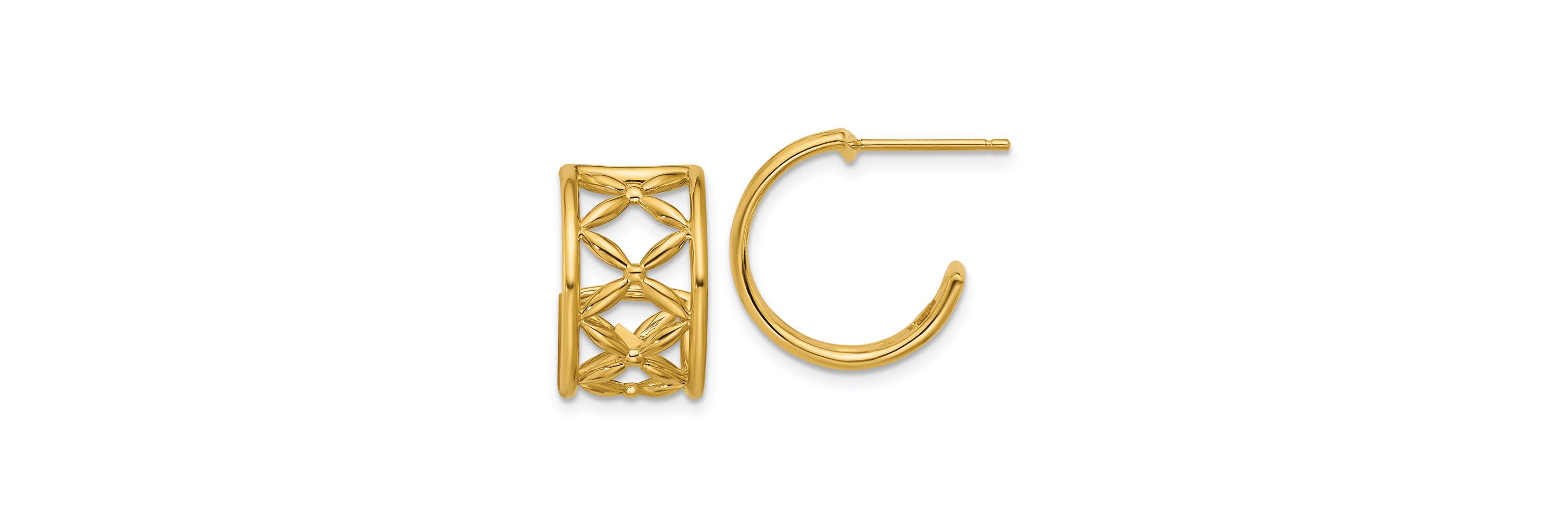 14K Yellow Gold Polished Criss-cross J-Hoop Post Earrings
