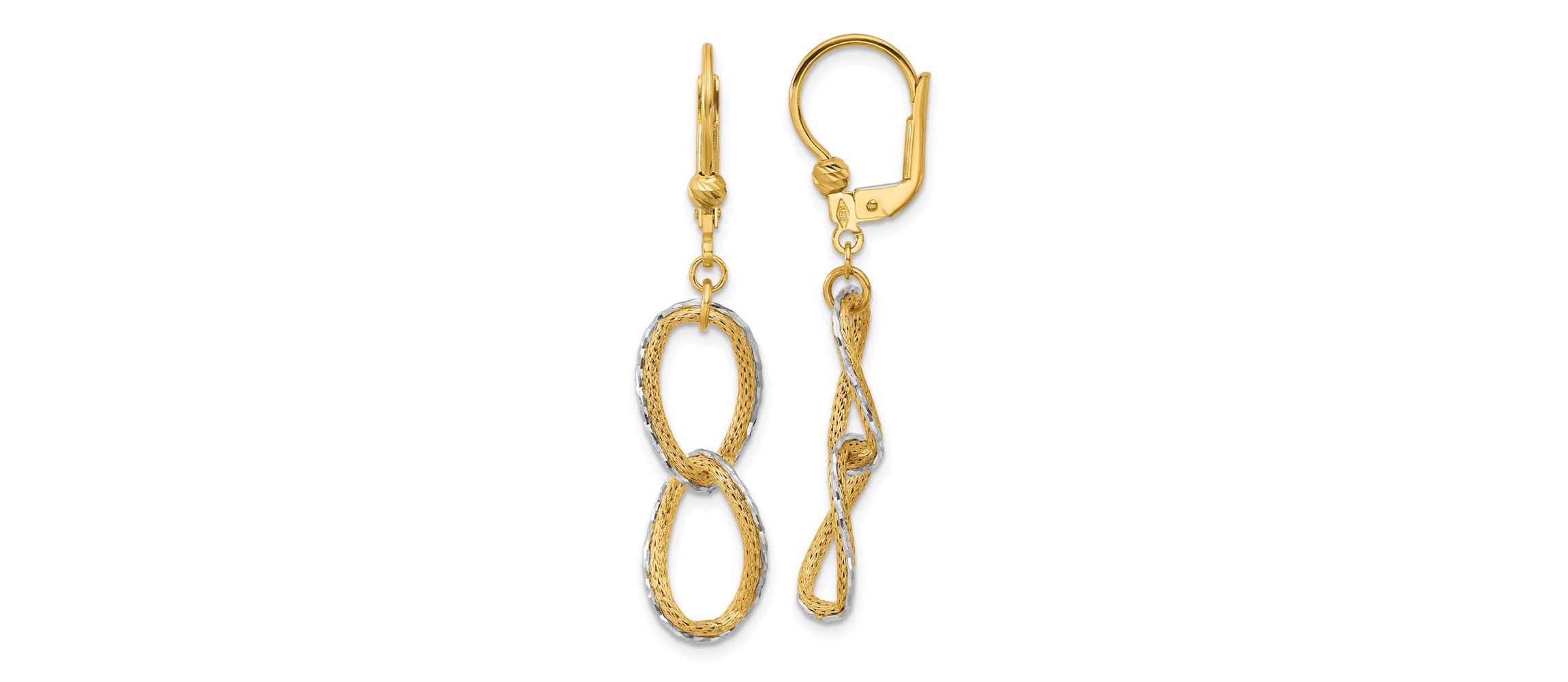 14K Two-tone Polished, Textured and Diamond-cut Oval Leverback Dangle Earrings