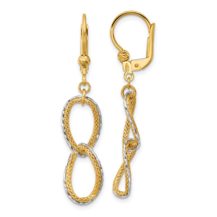 14K Two-tone Polished, Textured and Diamond-cut Oval Leverback Dangle Earrings