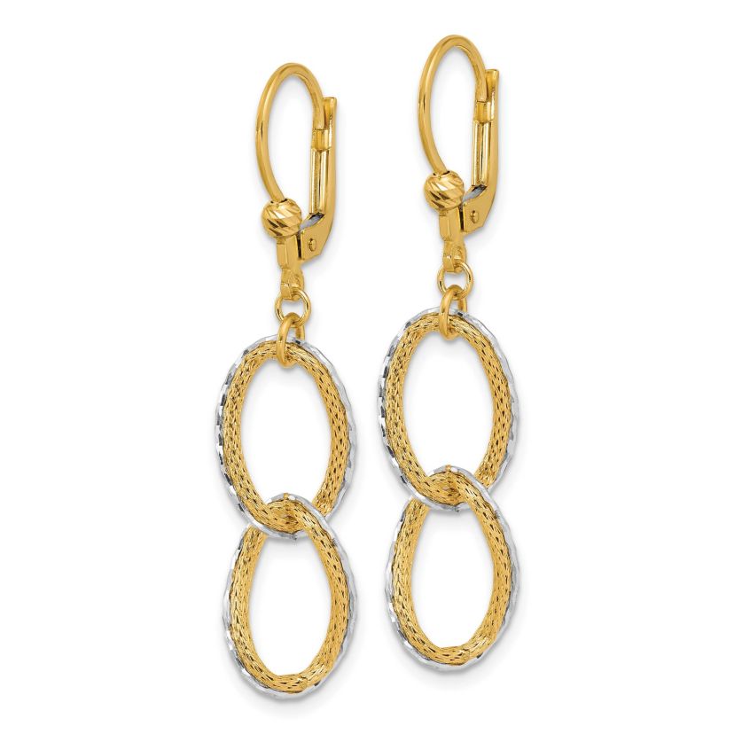 14K Two-tone Polished, Textured and Diamond-cut Oval Leverback Dangle Earrings