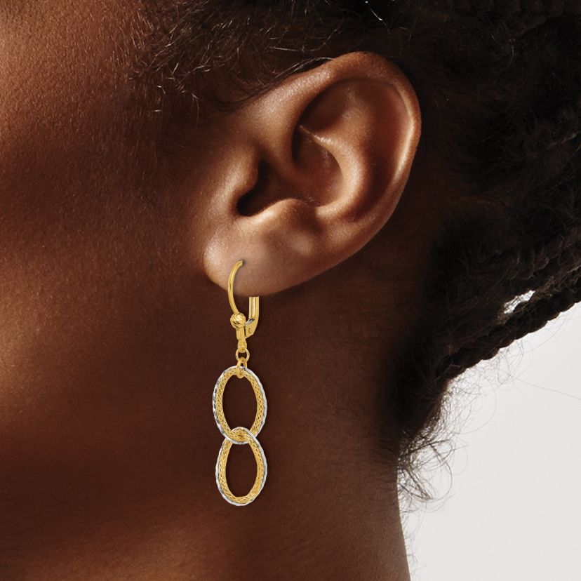 14K Two-tone Polished, Textured and Diamond-cut Oval Leverback Dangle Earrings