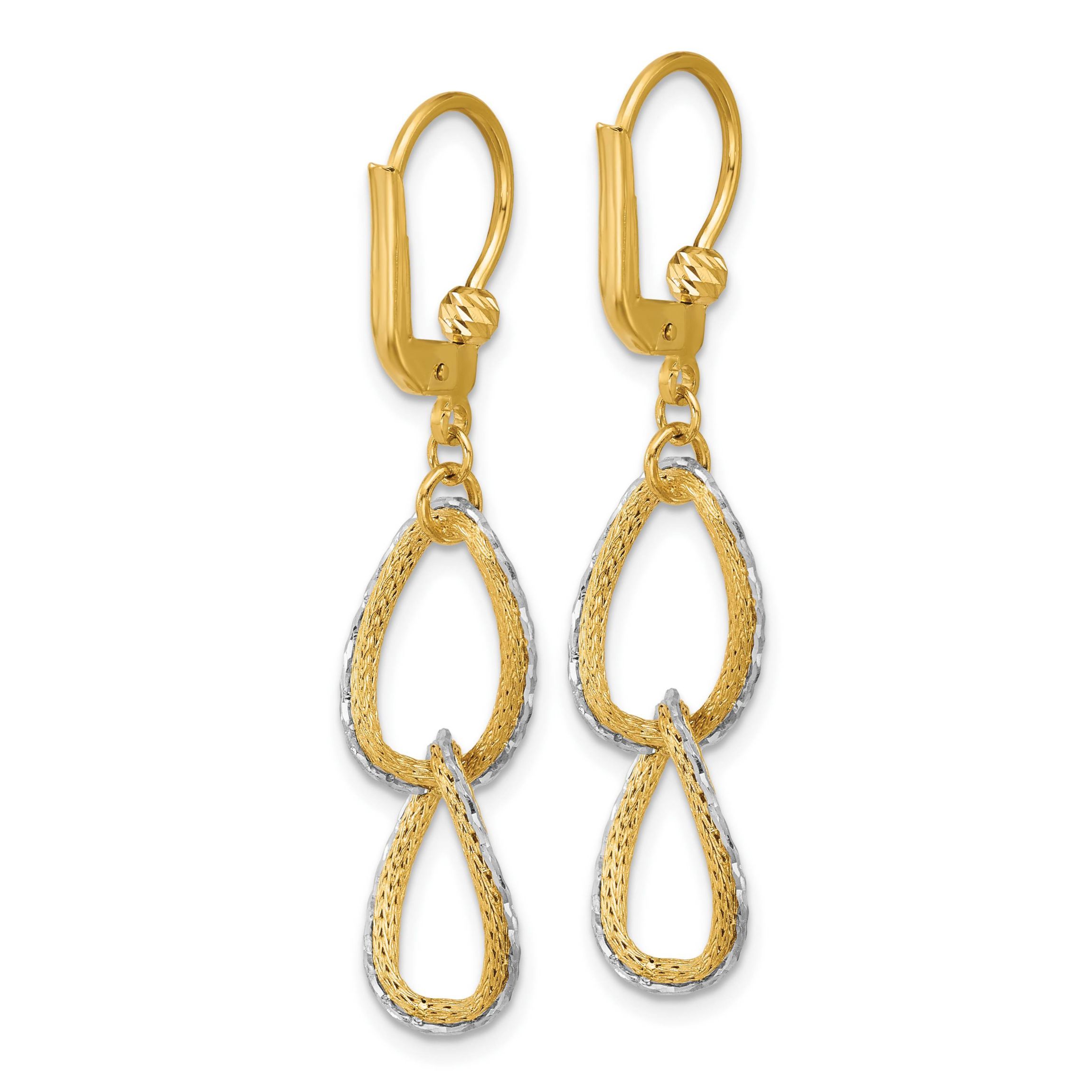 14K Two-tone Polished, Textured and Diamond-cut Oval Leverback Dangle Earrings