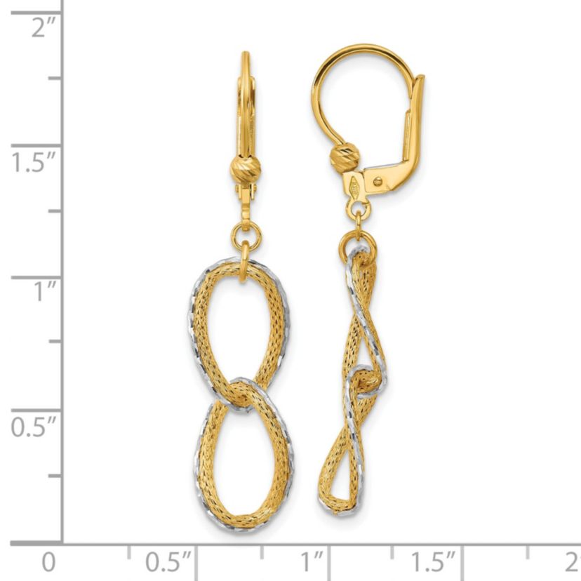 14K Two-tone Polished, Textured and Diamond-cut Oval Leverback Dangle Earrings