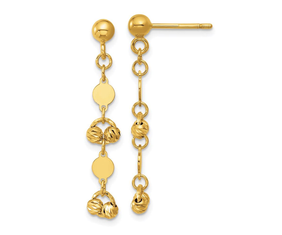 14K Yellow Gold Polished Diamond-cut Beaded Fancy Circles Post Dangle Earrings