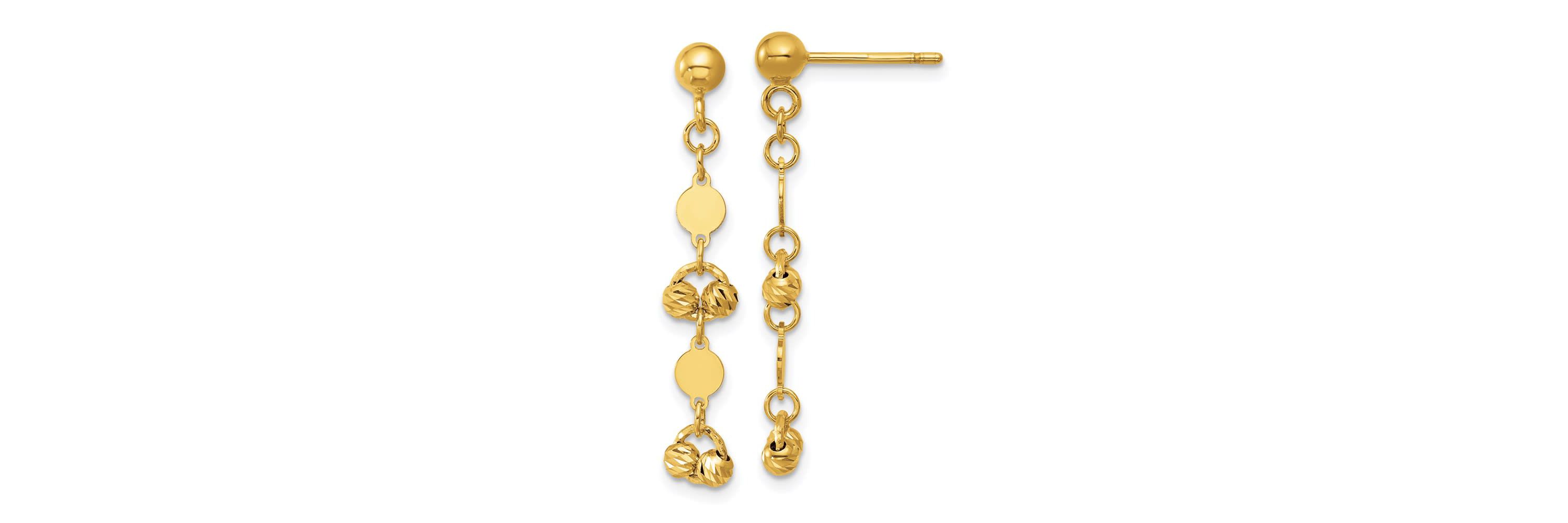 14K Yellow Gold Polished Diamond-cut Beaded Fancy Circles Post Dangle Earrings