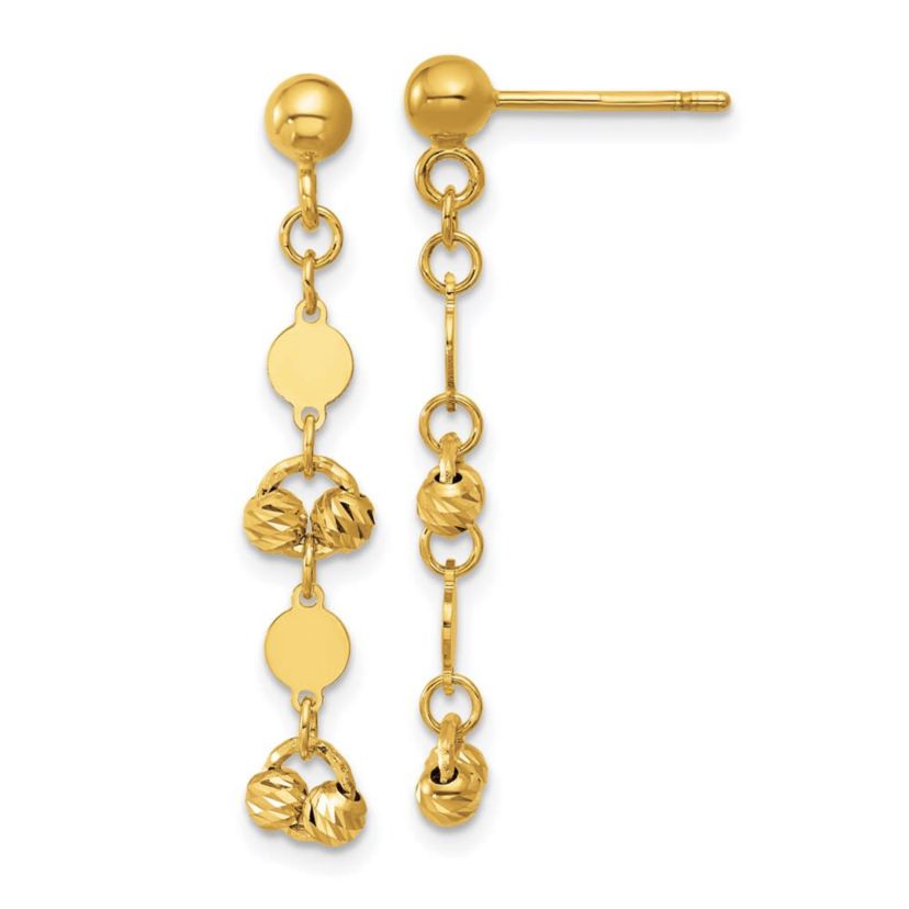 14K Yellow Gold Polished Diamond-cut Beaded Fancy Circles Post Dangle Earrings