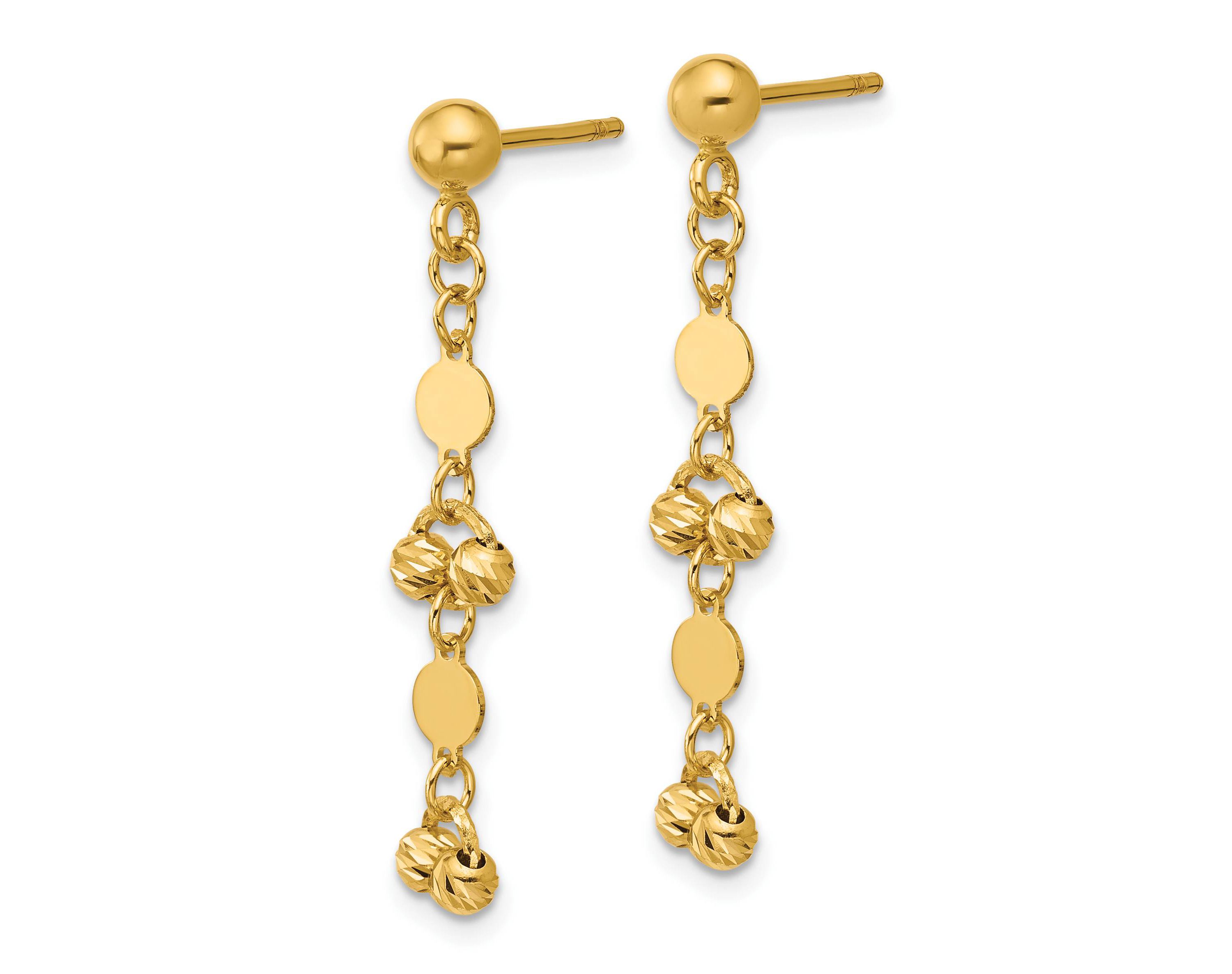 14K Yellow Gold Polished Diamond-cut Beaded Fancy Circles Post Dangle Earrings
