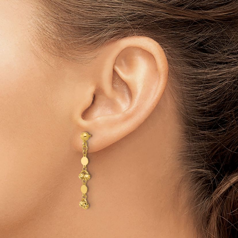 14K Yellow Gold Polished Diamond-cut Beaded Fancy Circles Post Dangle Earrings