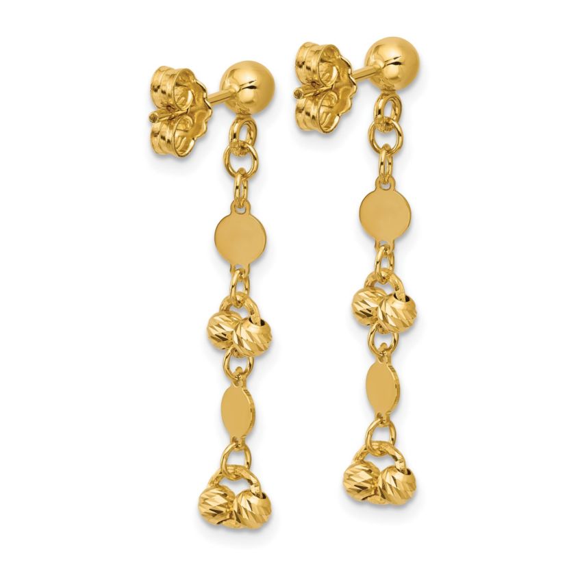 14K Yellow Gold Polished Diamond-cut Beaded Fancy Circles Post Dangle Earrings