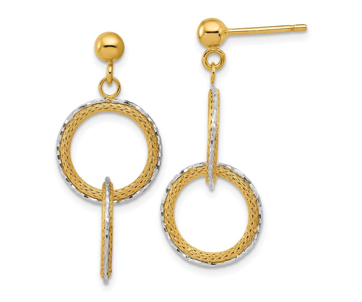 14K Two-tone Polished Brushed Diamond-cut Circles Post Dangle Earrings