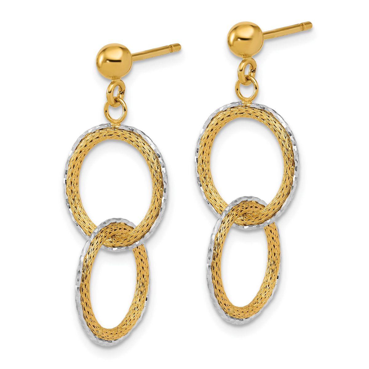 14K Two-tone Polished Brushed Diamond-cut Circles Post Dangle Earrings