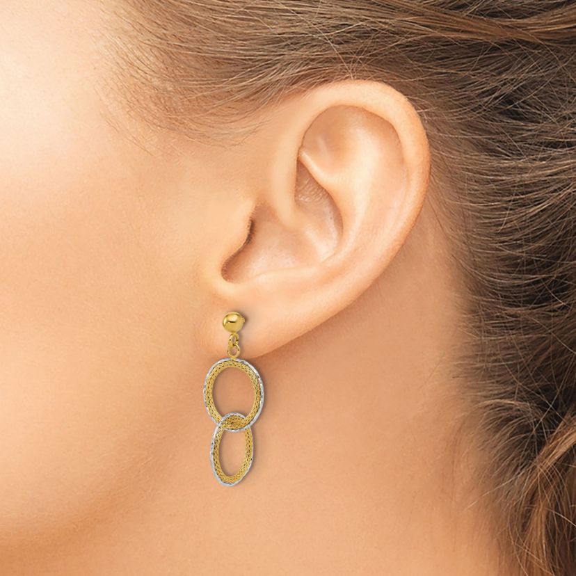 14K Two-tone Polished Brushed Diamond-cut Circles Post Dangle Earrings