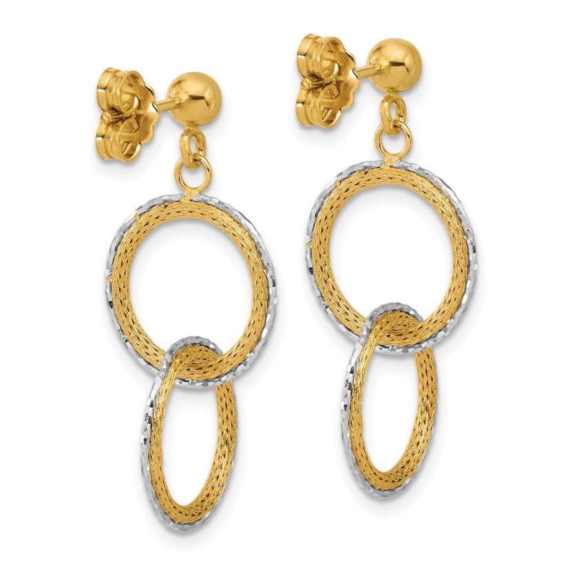 14K Two-tone Polished Brushed Diamond-cut Circles Post Dangle Earrings