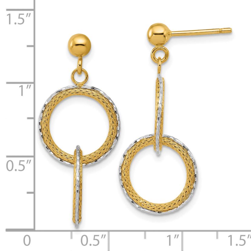 14K Two-tone Polished Brushed Diamond-cut Circles Post Dangle Earrings