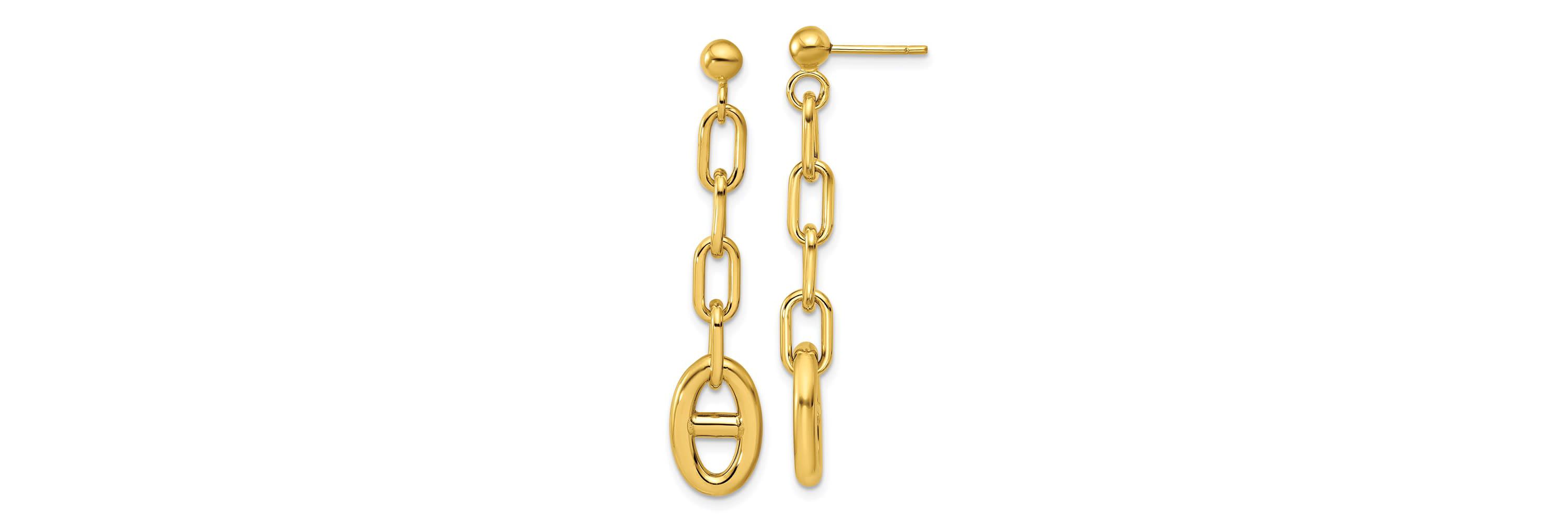 14K Yellow Gold Polished Anchor Link Post Dangle Earrings