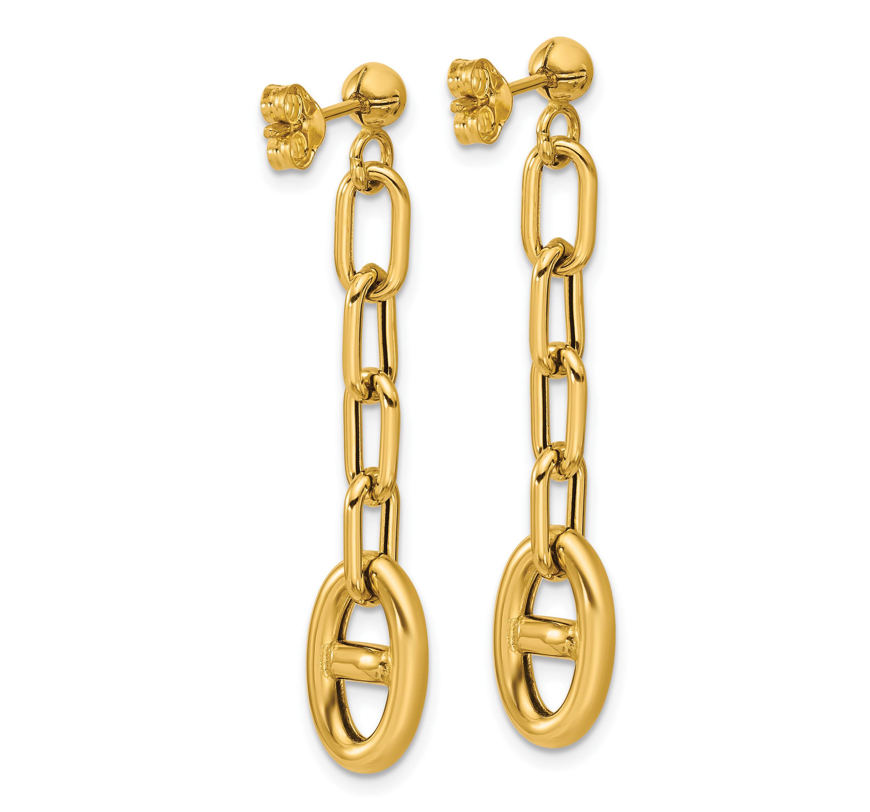 14K Yellow Gold Polished Anchor Link Post Dangle Earrings