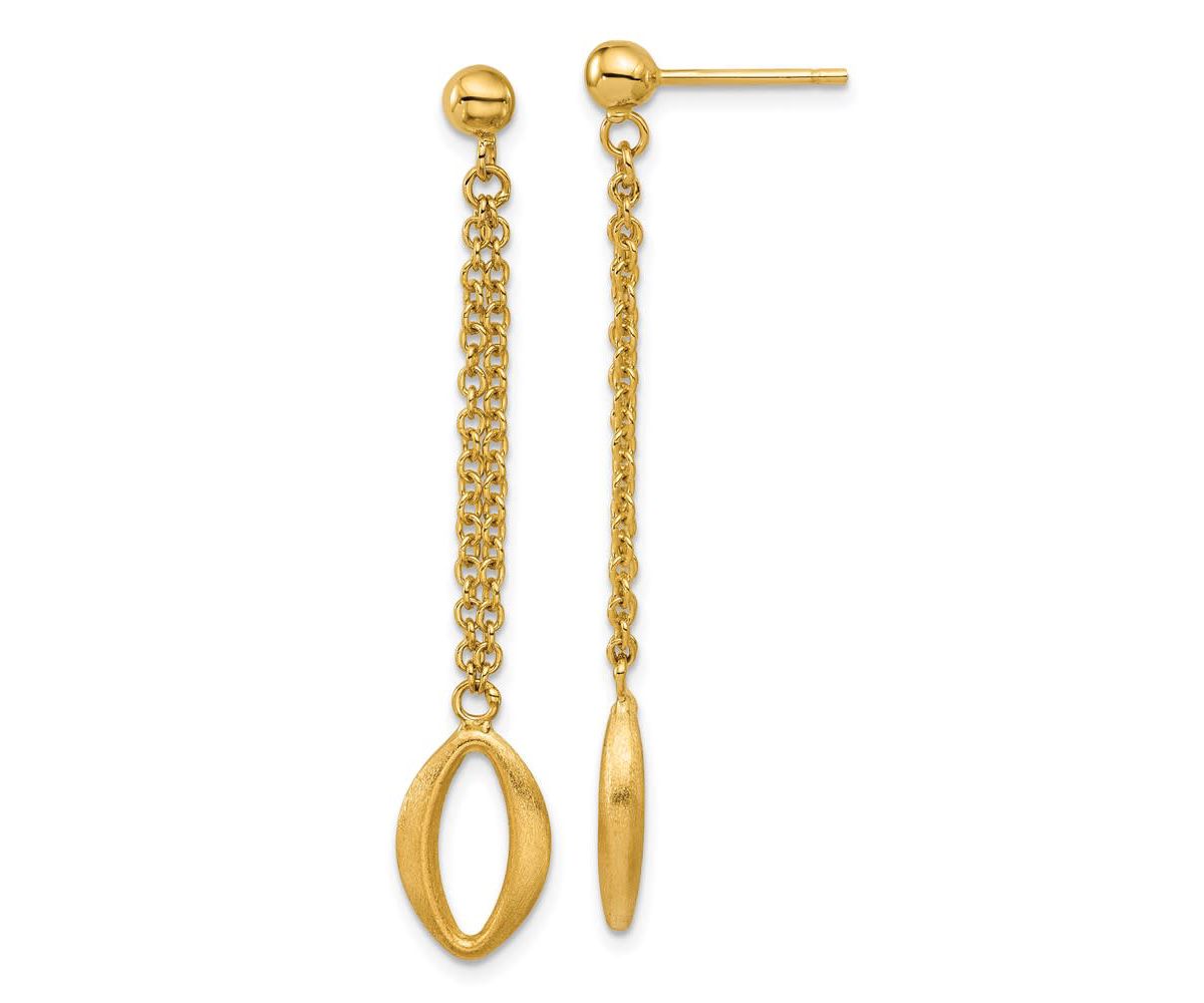 14K Yellow Gold Polished and Brushed Navette Link Post Dangle Earrings