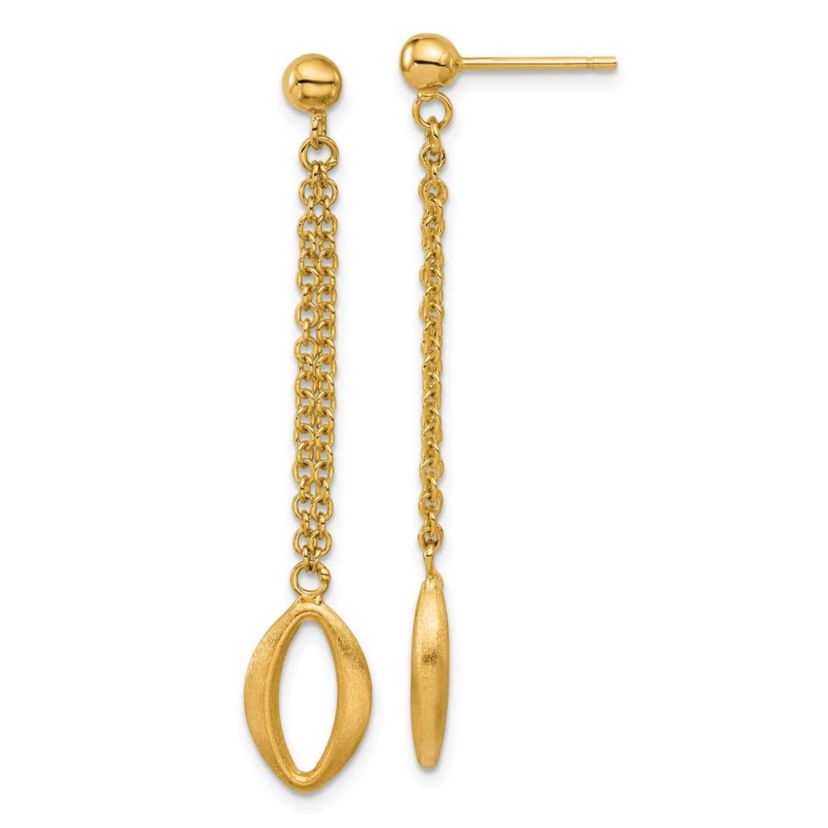 14K Yellow Gold Polished and Brushed Navette Link Post Dangle Earrings
