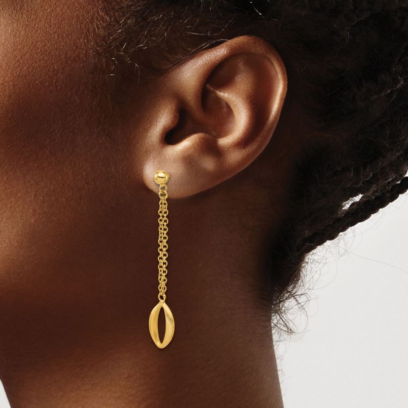 14K Yellow Gold Polished and Brushed Navette Link Post Dangle Earrings