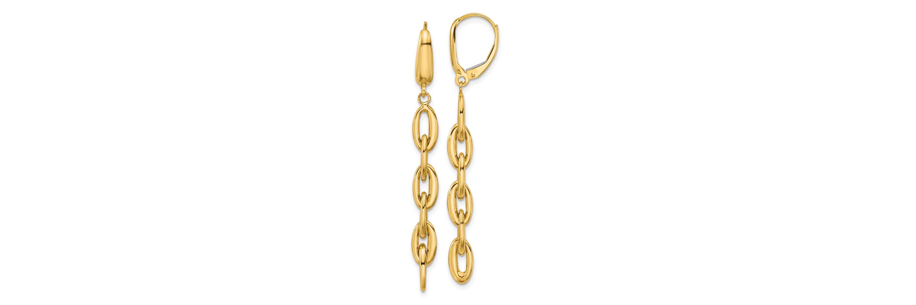 14K Yellow Gold Polished Fancy Oval Link Leverback Dangle Earrings