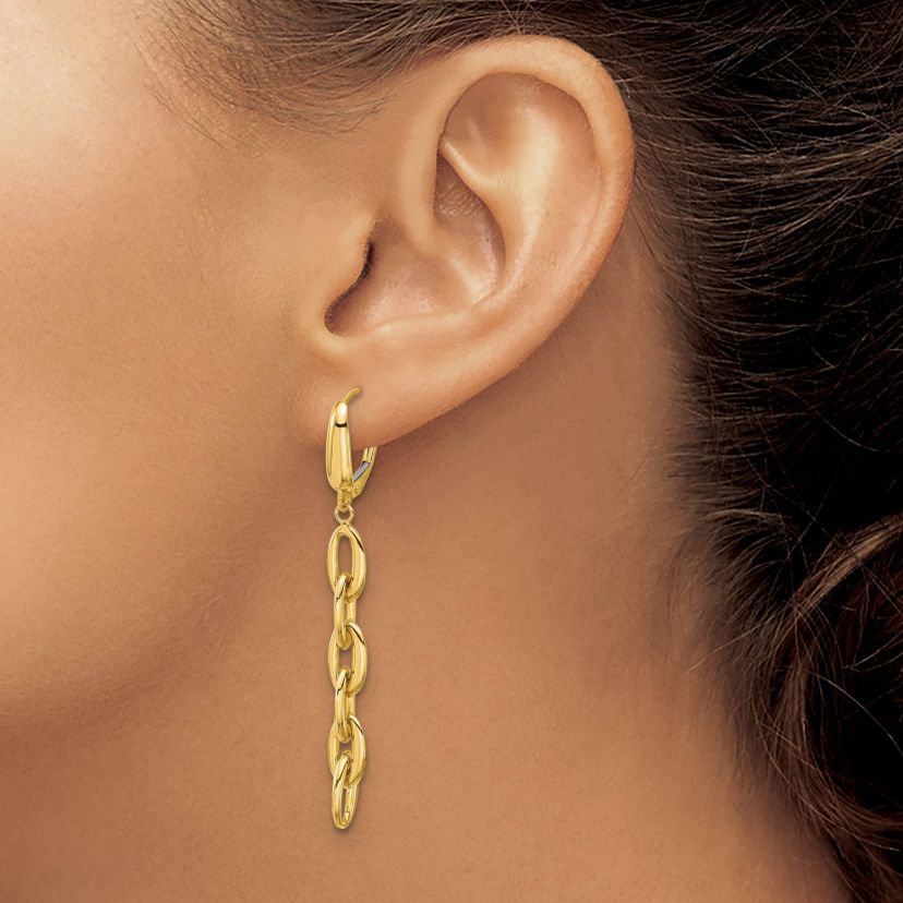 14K Yellow Gold Polished Fancy Oval Link Leverback Dangle Earrings