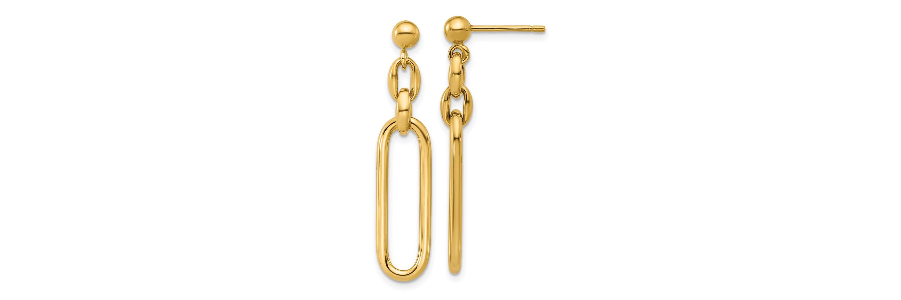 14K Yellow Gold Polished Fancy Elongated Oval Link Post Dangle Earrings