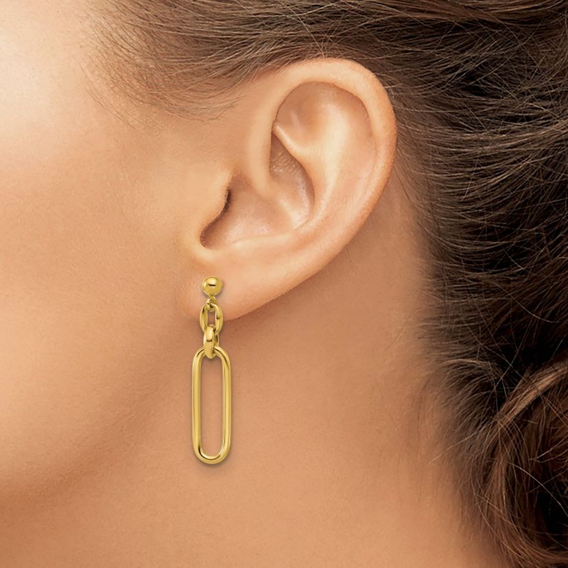 14K Yellow Gold Polished Fancy Elongated Oval Link Post Dangle Earrings