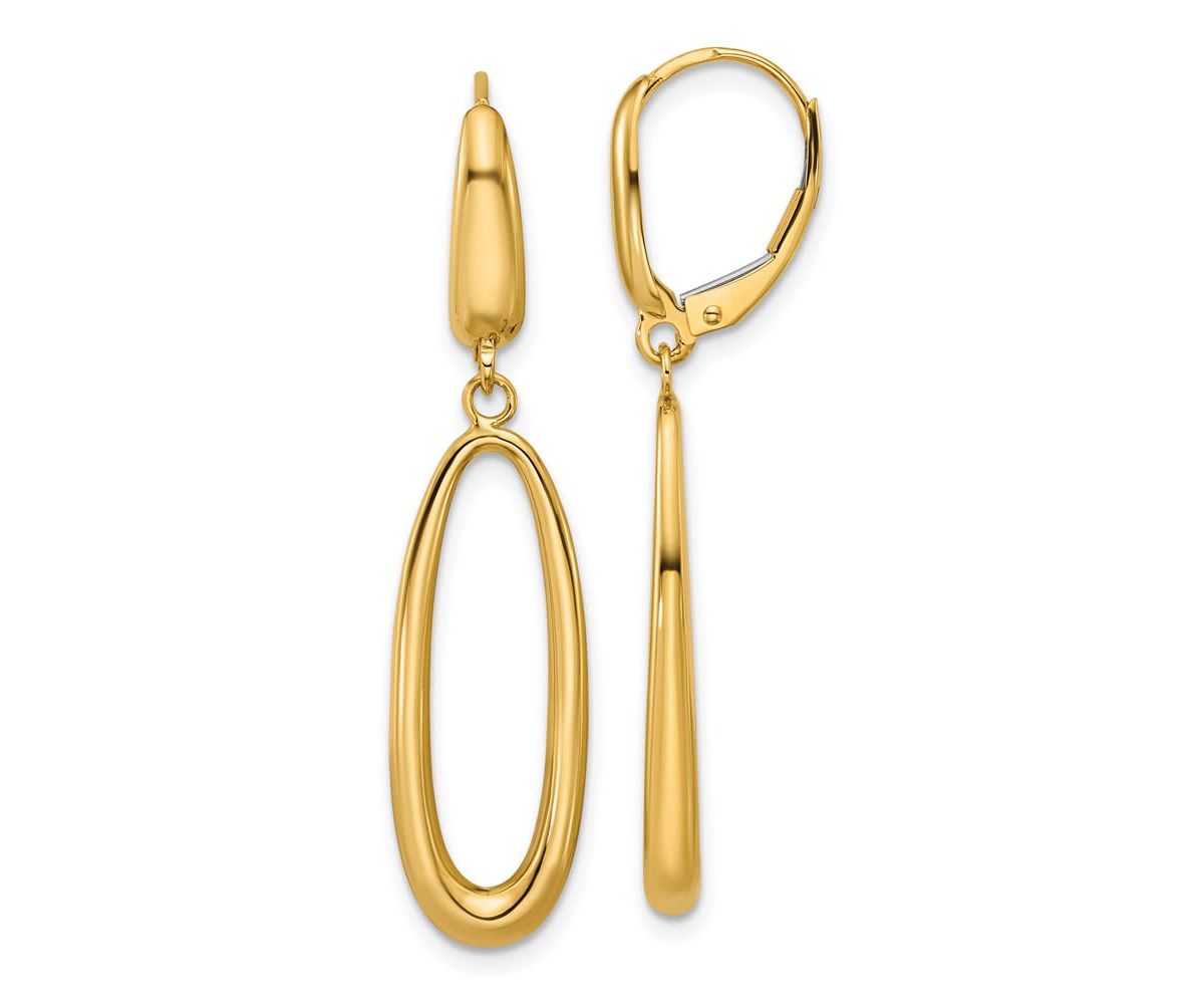14K Yellow Gold Polished Tapered Oval Leverback Dangle Earrings
