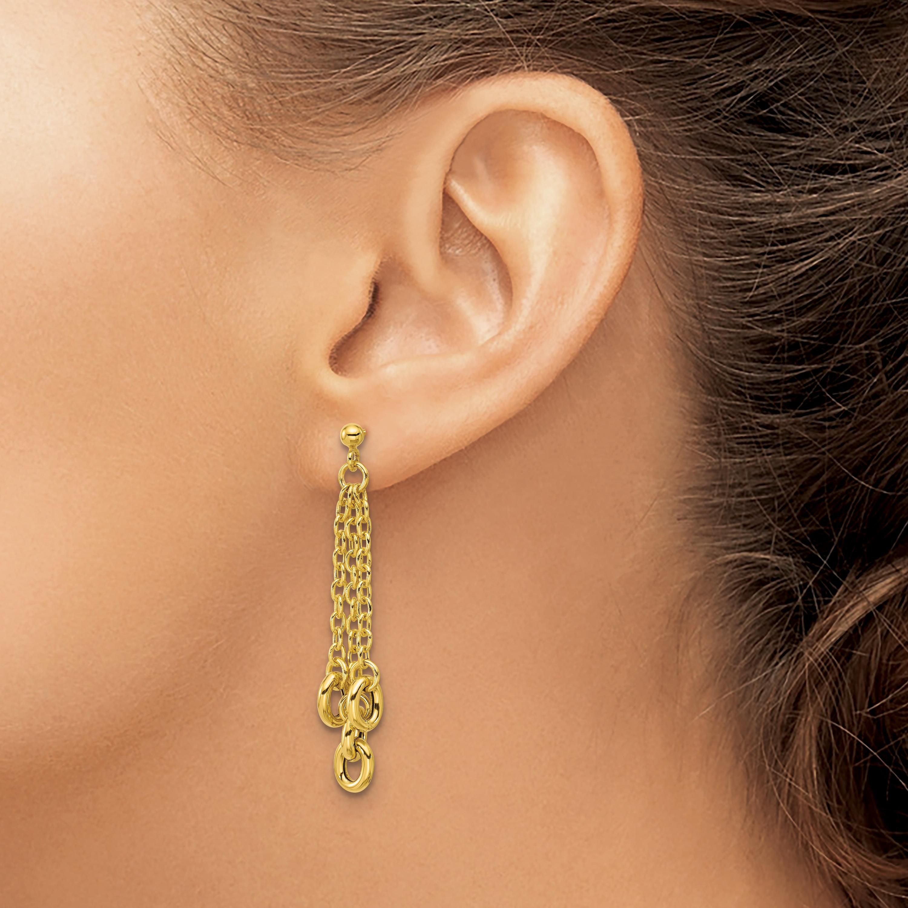 14K Yellow Gold Polished Fancy 3-Strand Cable Link Post Dangle Earrings