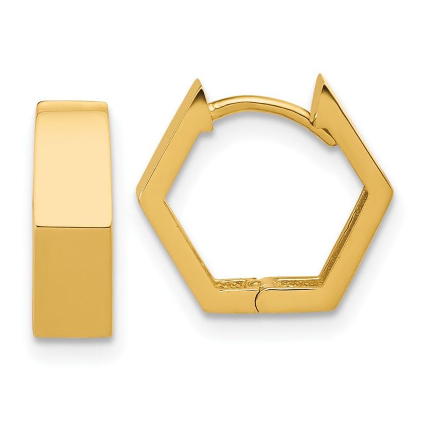 14K Yellow Gold Polished Hexagon Hinged Hoop Earrings