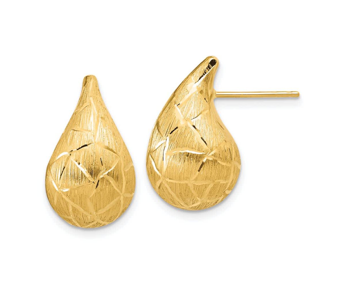 14K Yellow Gold Polished, Brushed and Diamond-cut Puffed Teardrop Post Earrings