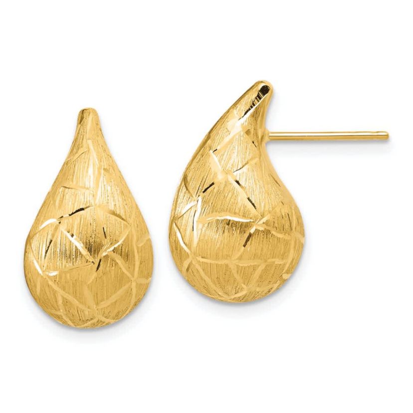 14K Yellow Gold Polished, Brushed and Diamond-cut Puffed Teardrop Post Earrings