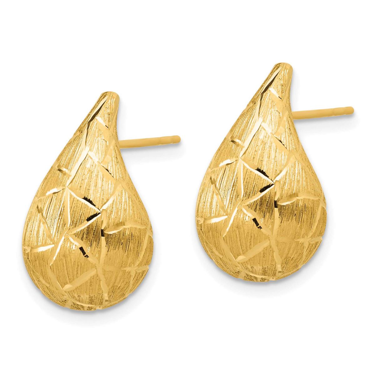 14K Yellow Gold Polished, Brushed and Diamond-cut Puffed Teardrop Post Earrings