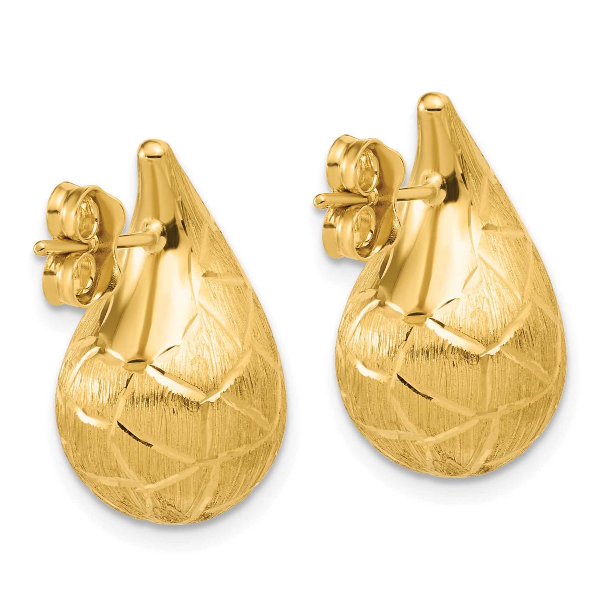 14K Yellow Gold Polished, Brushed and Diamond-cut Puffed Teardrop Post Earrings
