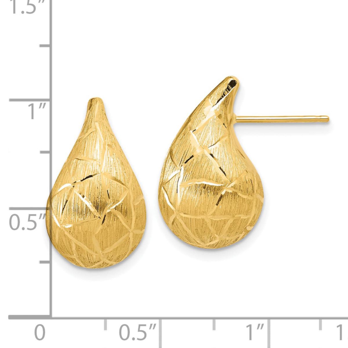 14K Yellow Gold Polished, Brushed and Diamond-cut Puffed Teardrop Post Earrings