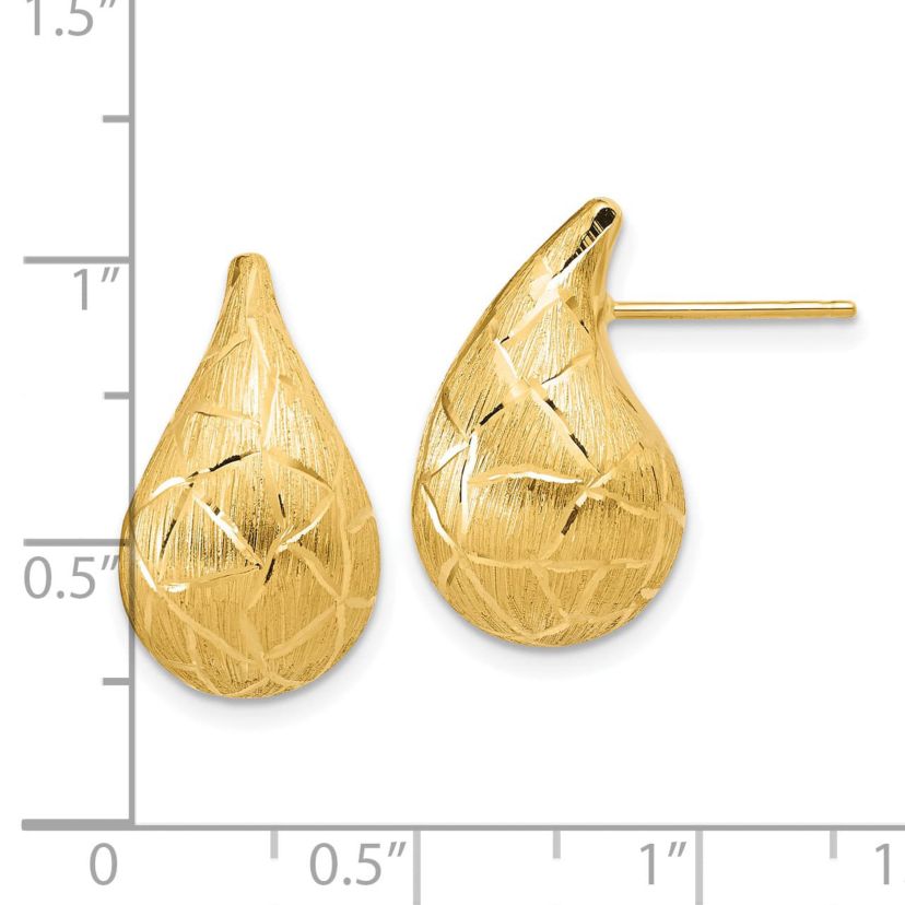 14K Yellow Gold Polished, Brushed and Diamond-cut Puffed Teardrop Post Earrings